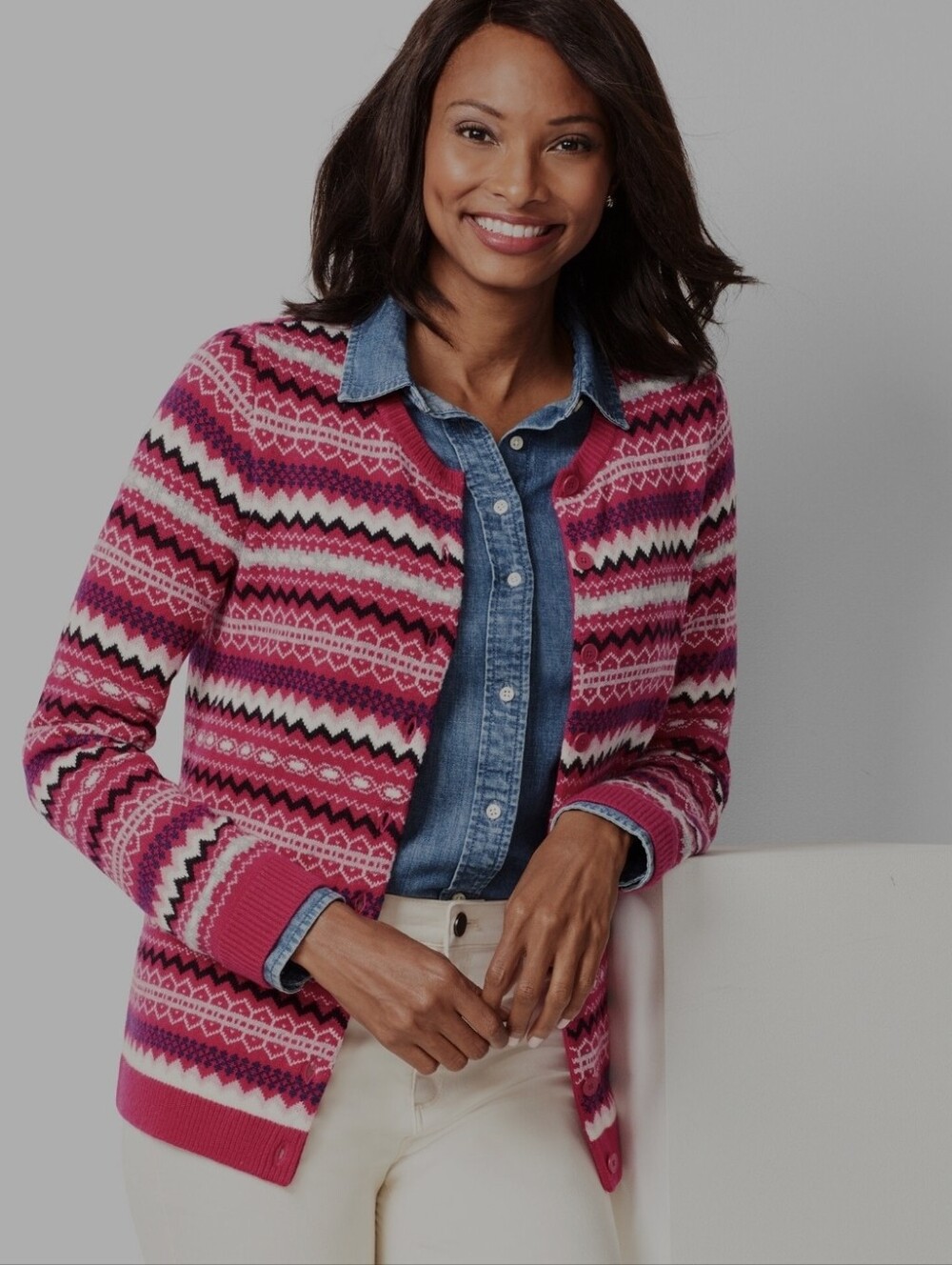 Talbots Fair Isle Cardigan Sweater L Pink Black Lambswool Blend Winter Holiday